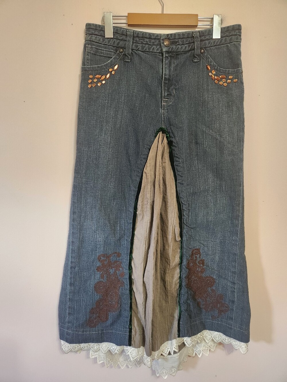 Vintage Y2K Reworked Denim Maxi Skirt Boho Eyelet Lace Rhinestone Upcycled 8